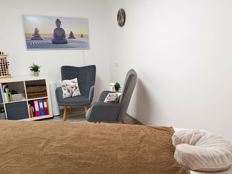 Behandlungsraum von BalancePur mit entspannendem Wandbild, Sesseln und Bücherregal